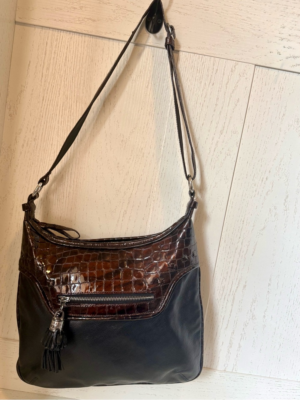 Brighton Brown and Black Croc-Embossed Leather Shoulder Bag